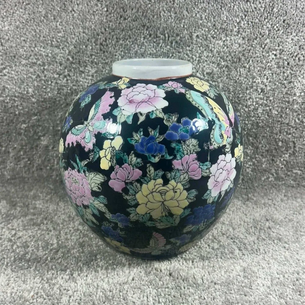 Ginger Jar Black Millefleur Butterfly Floral Decorative China 7in Modern